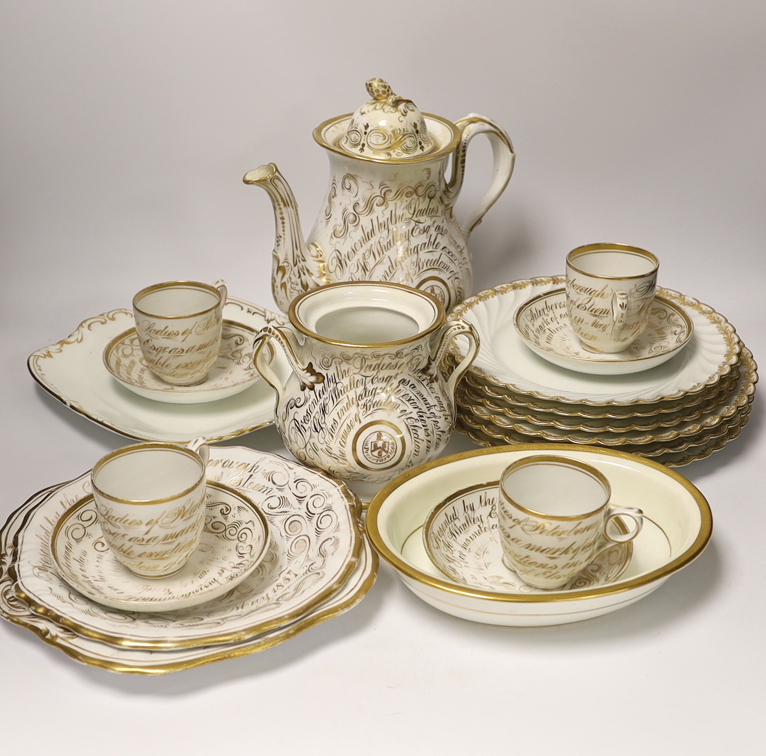 A mid-19th century English bone china part tea service, possibly Davenport, with applied gilt presentation to the Liberal politician G. H. Whalley (16 pieces), teapot 24.5cm together with Limoges plates